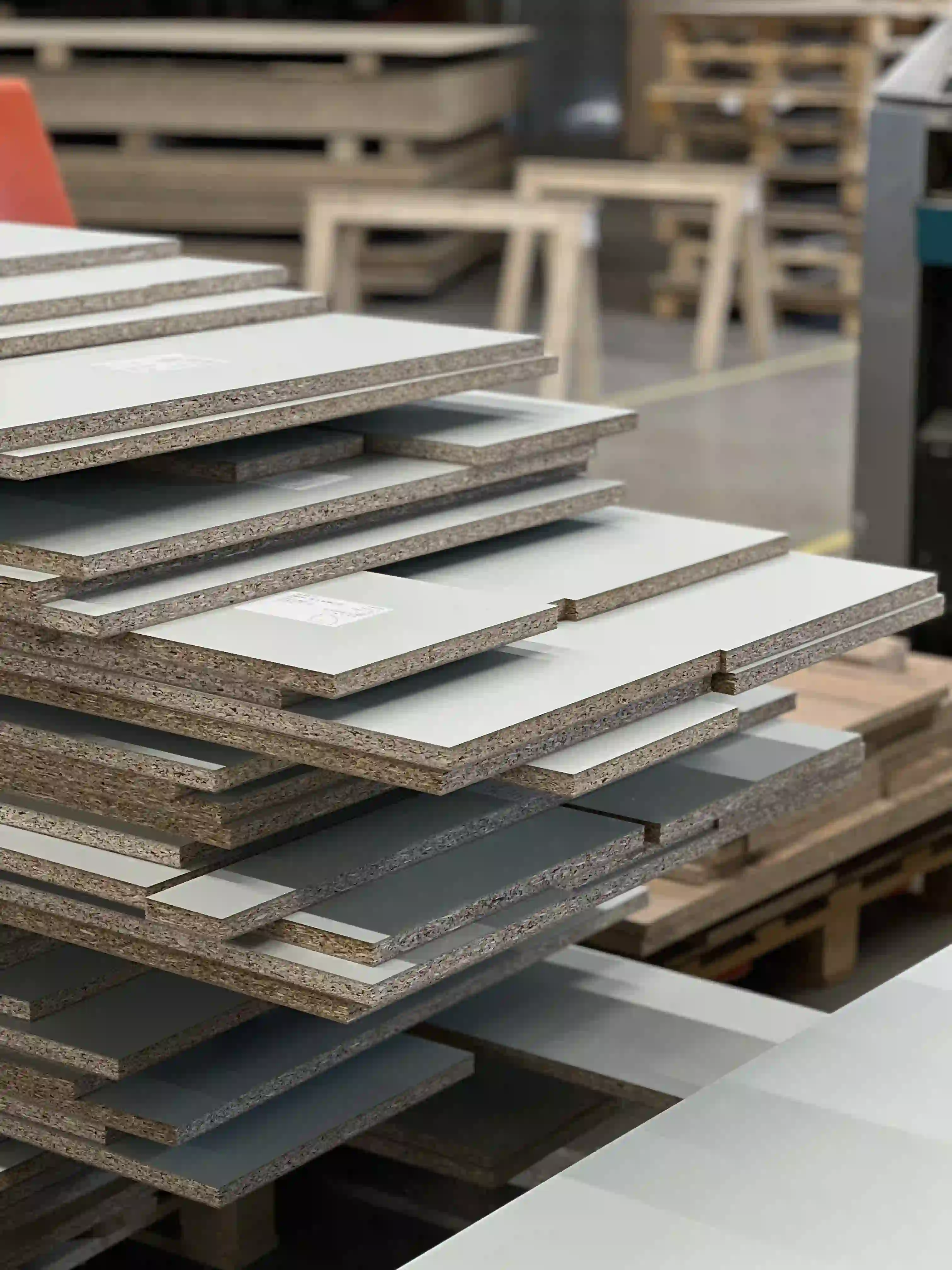 Cut furniture panels stacked on a pallet